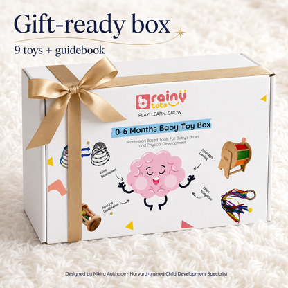 BrainyTots Montessori baby gift set for newborns featuring developmental toys selected for the first six months.