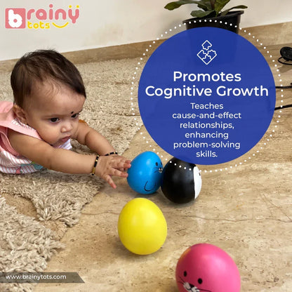 Baby playing with the BrainyTots Montessori Balancing Wobbler during tummy time, encouraging cause-and-effect learning, cognitive development, problem-solving skills, and active exploration for babies 0–12 months.