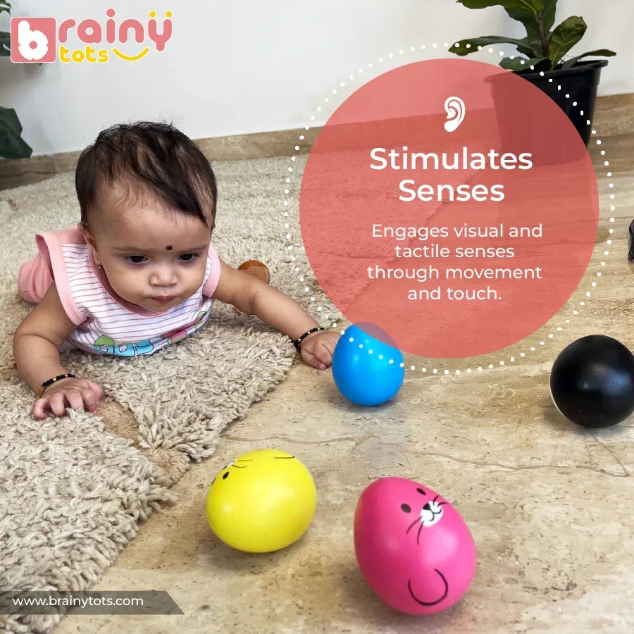 Baby exploring the BrainyTots Montessori Balancing Wobbler during tummy time, encouraging sensory development, visual tracking, tactile exploration, and active movement for babies 0–12 months. 