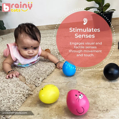 Baby exploring the BrainyTots Montessori Balancing Wobbler during tummy time, encouraging sensory development, visual tracking, tactile exploration, and active movement for babies 0–12 months. 