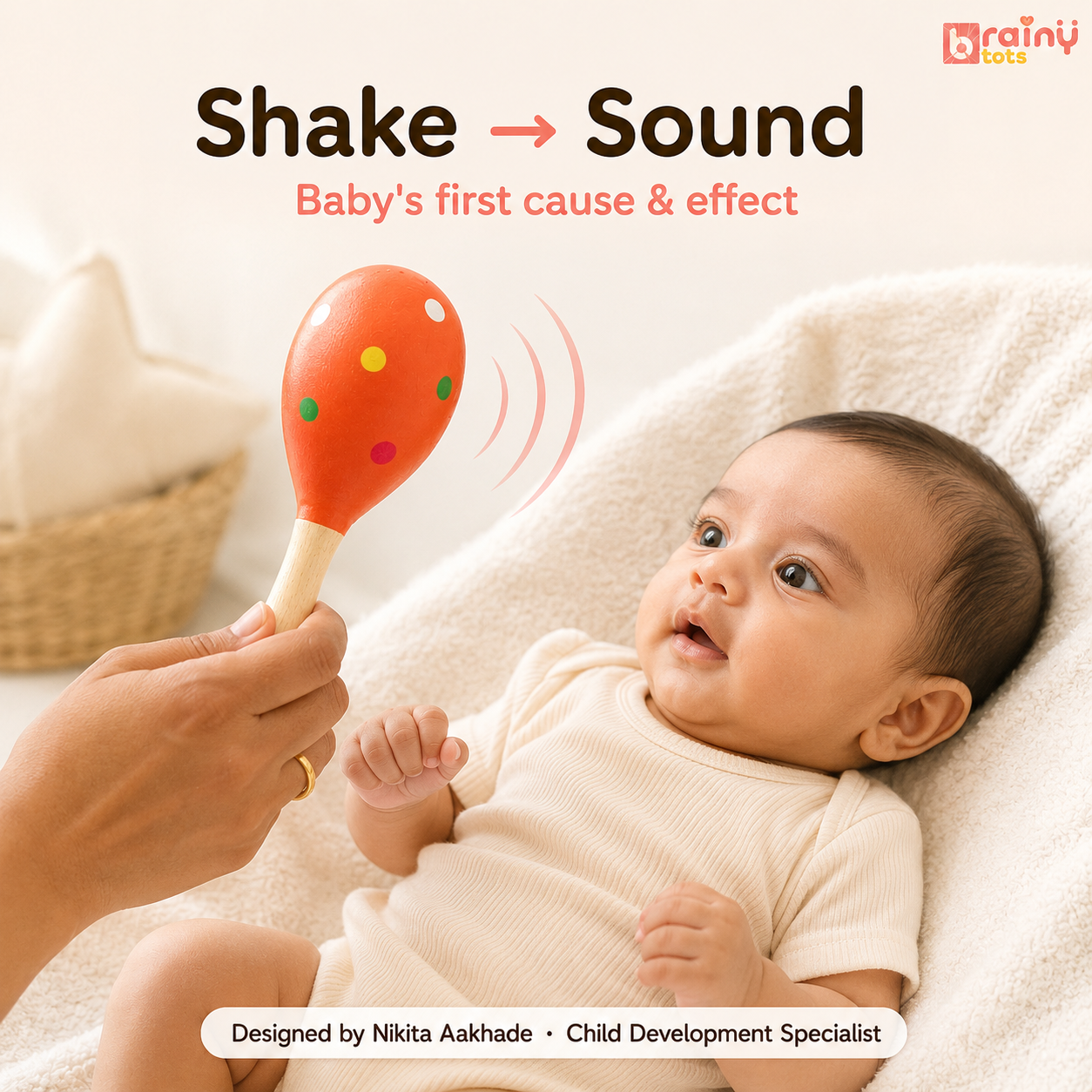 Parent shaking the BrainyTots Montessori Wooden Egg Shaker to introduce cause-and-effect learning through sound while encouraging auditory development, visual tracking, and sensory exploration for babies aged 0–18 months.