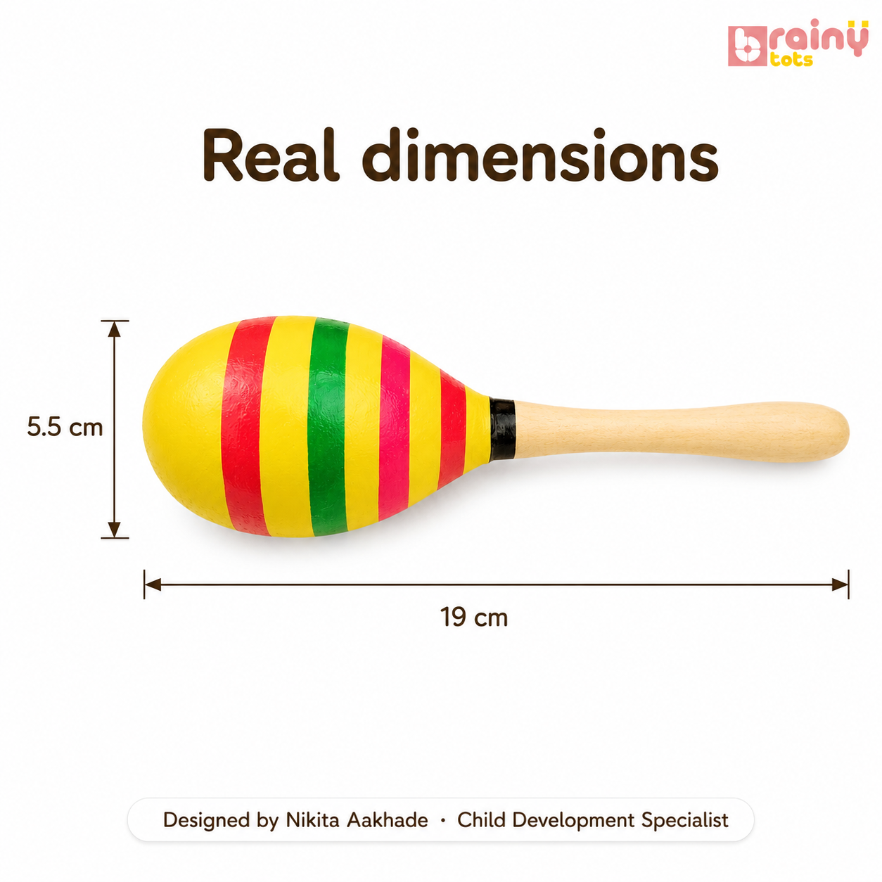 BrainyTots Wooden Montessori Egg Shaker size guide showing a 19 cm long sensory rattle with an ergonomic design for babies aged 0–18 months.