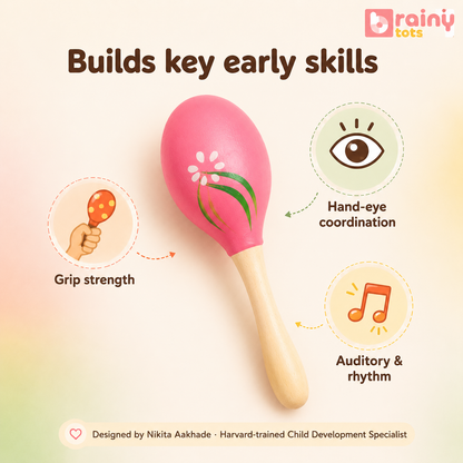 BrainyTots Montessori Wooden Egg Shaker helping babies develop grip strength, hand-eye coordination, auditory awareness, and rhythm through engaging sensory play for babies aged 0–18 months.