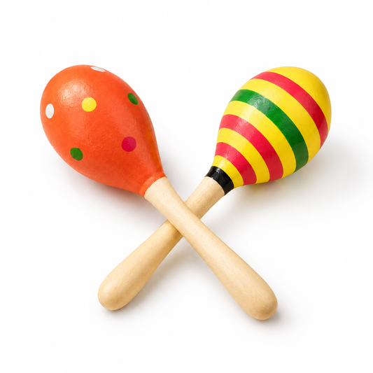 BrainyTots Montessori Egg Shakers pair featuring colorful wooden sensory rattles that support auditory development, hand-eye coordination, grip strength, and cause-and-effect learning for babies aged 0–18 months.