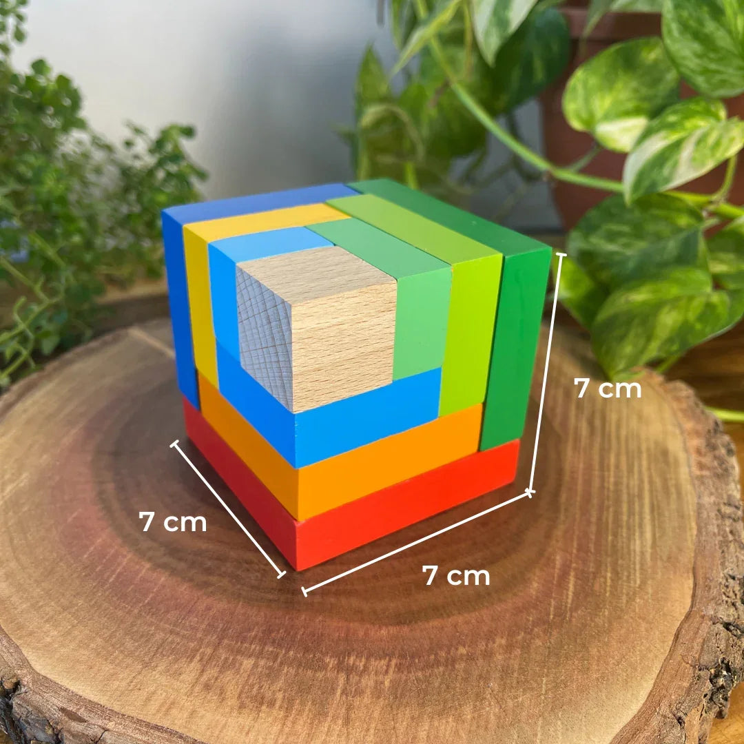 BrainyTots Geometric Rainbow Blocks dimensions showing a 7 × 7 × 7 cm wooden cube made from colorful nesting blocks for Montessori-inspired play.