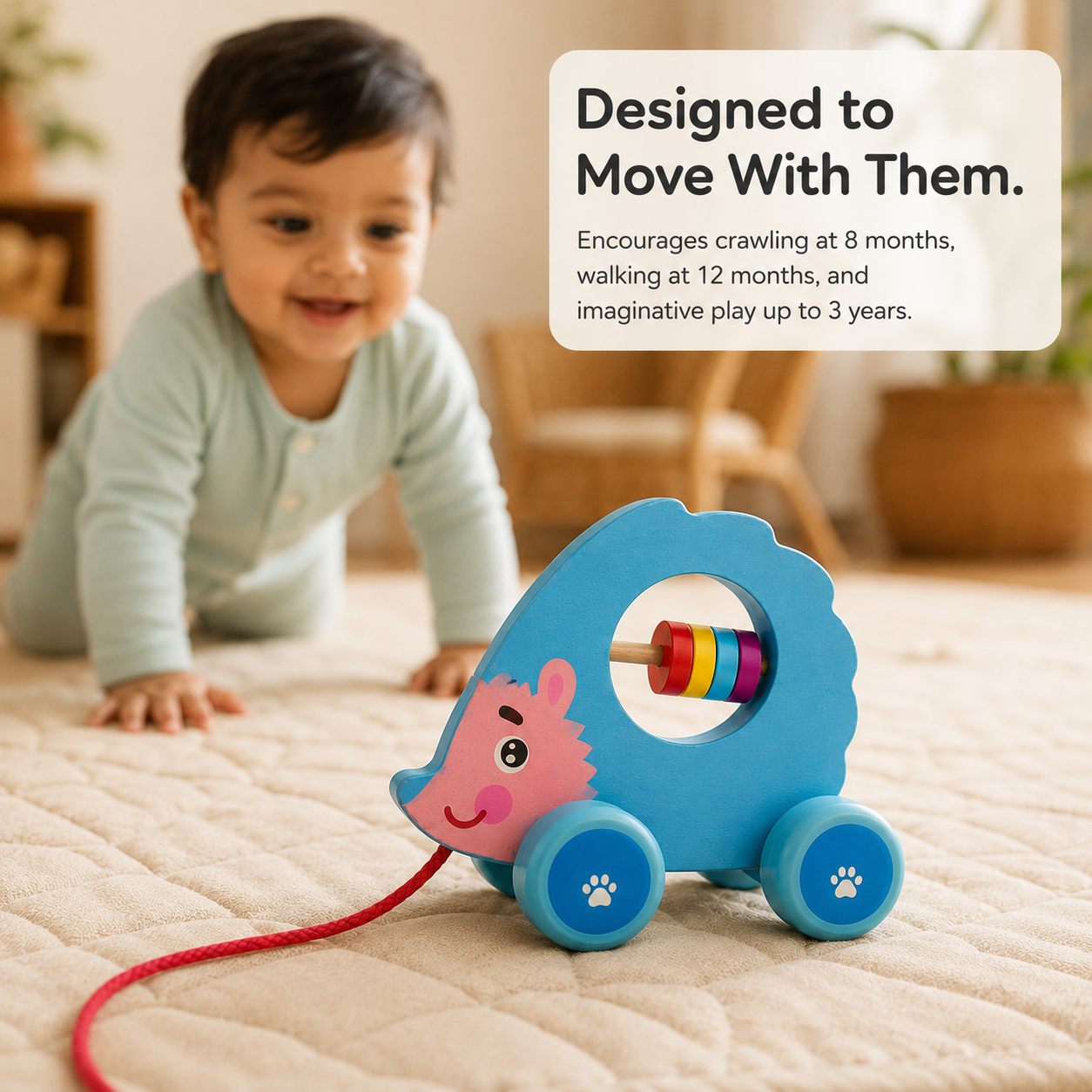 Baby crawling toward the BrainyTots Wooden Hedgehog Push & Pull Toy, a Montessori pull-along toy for babies 6–24 months that encourages crawling, walking, independent movement, and gross motor development.
