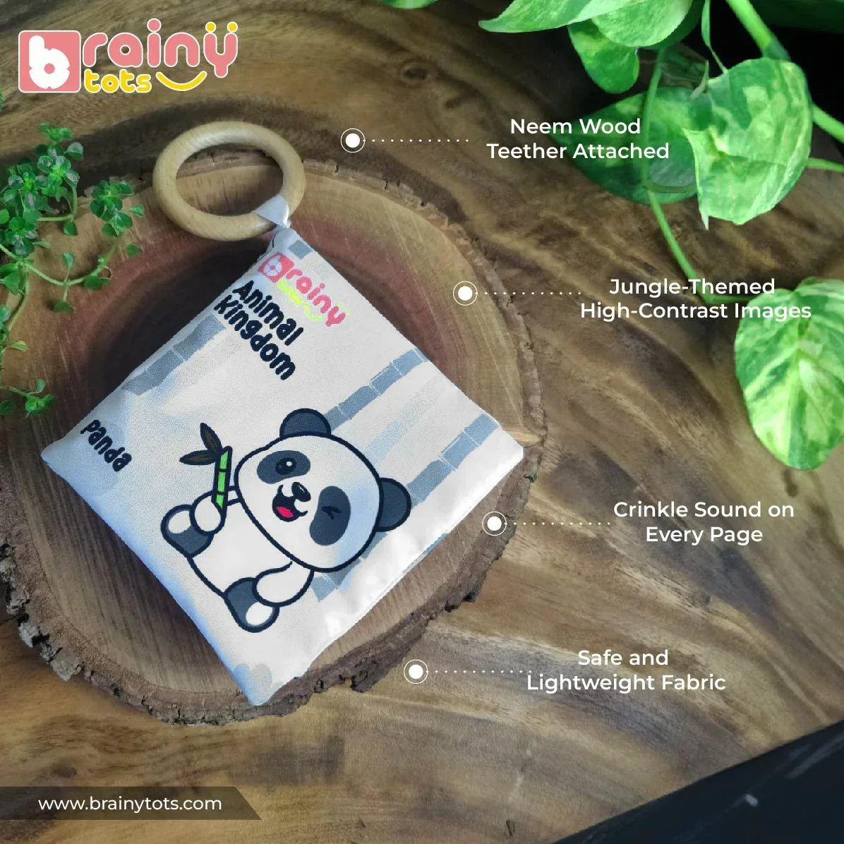 BrainyTots Montessori High-Contrast Cloth Book – Early Seeing & Calm Play Book featuring a natural neem wood teether, jungle-themed high-contrast animal illustrations, interactive crinkle pages, and soft lightweight fabric for sensory exploration, visual development, and teething support from birth.