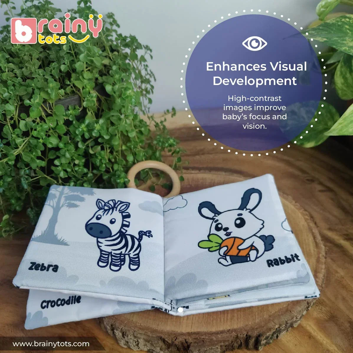 Open BrainyTots Montessori High-Contrast Cloth Book featuring zebra and rabbit illustrations with bold high-contrast images that support visual development, focus, sensory exploration, and early learning for newborns and babies during tummy time or parent-guided play.