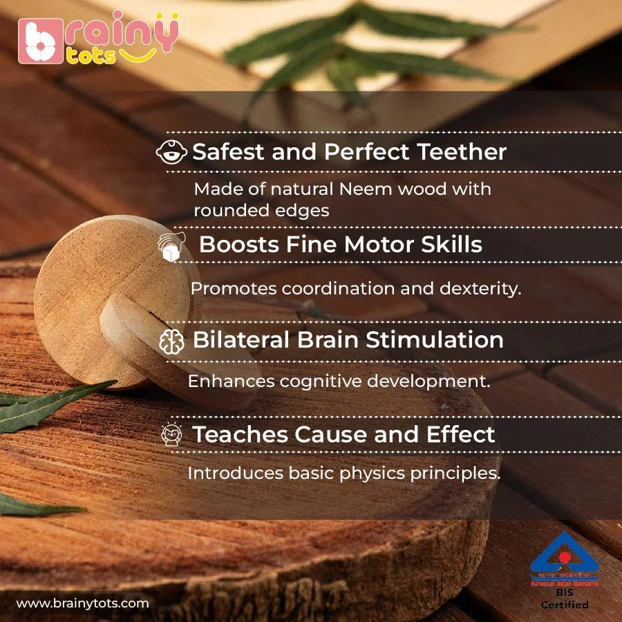 BrainyTots Montessori Interlocking Discs featuring hand-to-hand transfer, rolling movement, and teether functionality.