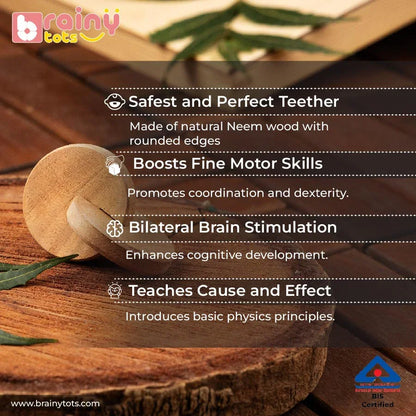 BrainyTots Montessori Interlocking Discs featuring hand-to-hand transfer, rolling movement, and teether functionality.