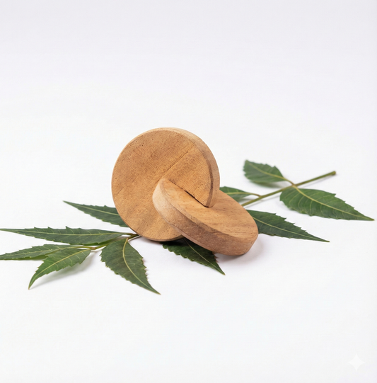 BrainyTots Montessori Interlocking Discs Neem Teether made from natural wood with a unique interlocking design.