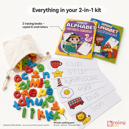 BrainyTots Montessori-inspired literacy kit supporting letter placement, pencil grip, stroke control, sequencing, and independent learning.
