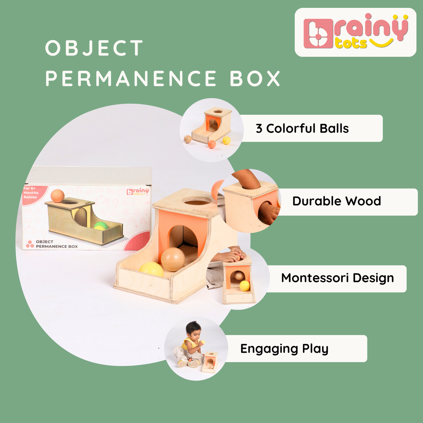 BrainyTots Montessori Object Permanence Box with three colorful wooden balls, durable wooden construction, and Montessori-inspired design that helps babies develop object permanence, hand-eye coordination, fine motor skills, problem-solving, and early cognitive development through hands-on play.