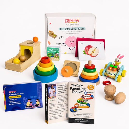 BrainyTots Montessori-inspired problem-solving kit for babies 6+ months with hands-on developmental activities.