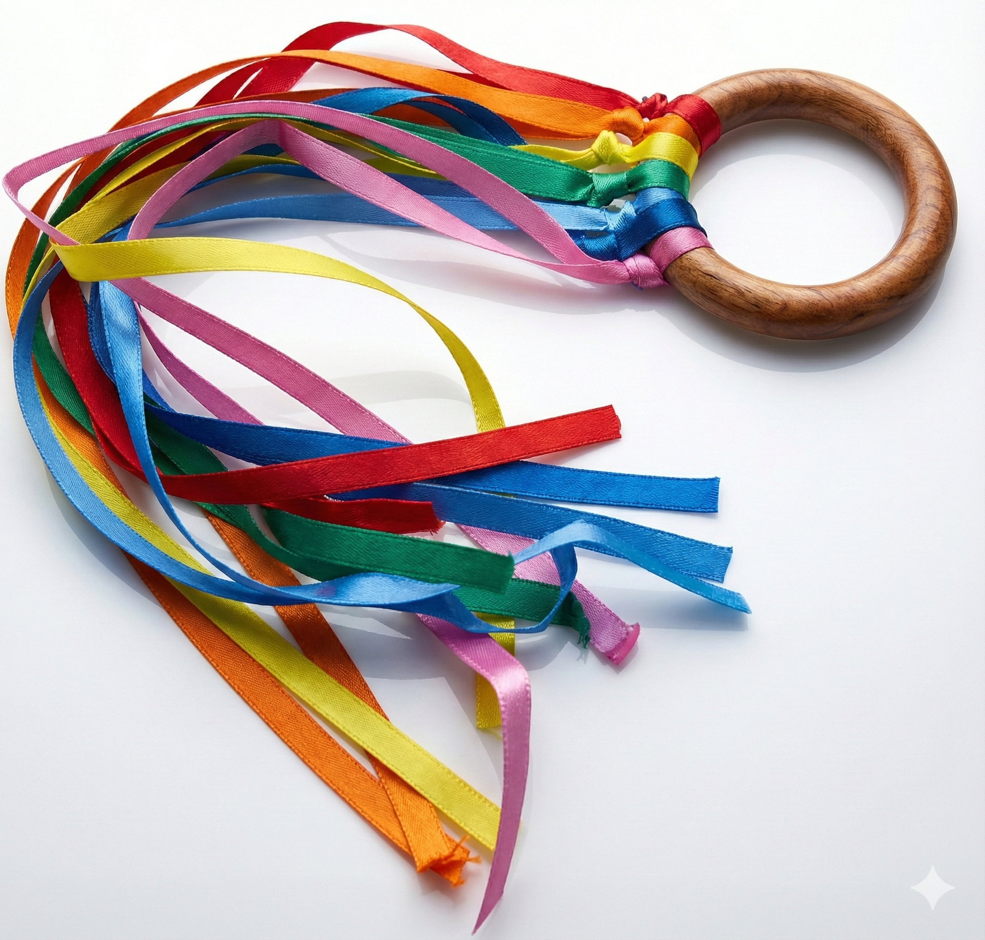 BrainyTots Rainbow Ribbon Wooden Teether made from natural Neem wood with colorful satin ribbons, designed to soothe sore gums, encourage grasping and pulling, develop fine motor skills, and provide sensory play for babies aged 2 months and above.
