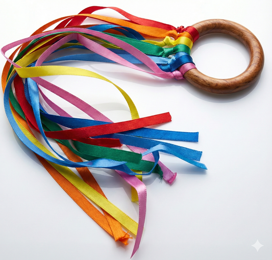 BrainyTots Rainbow Ribbon Wooden Teether made from natural Neem wood with colorful satin ribbons, designed to soothe sore gums, encourage grasping and pulling, develop fine motor skills, and provide sensory play for babies aged 2 months and above.