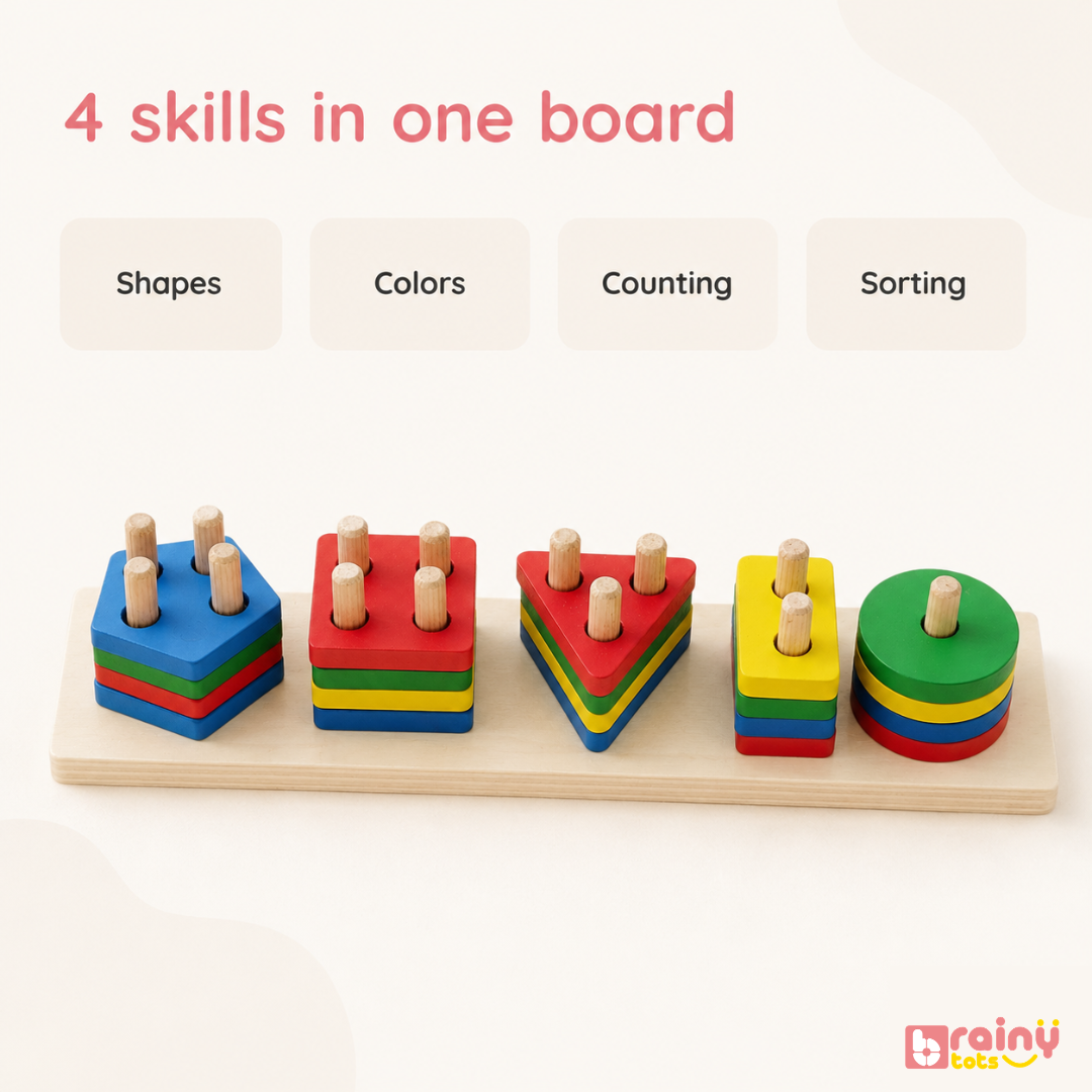 BrainyTots Montessori shape sorting board for learning shapes, colours, counting, and sorting through hands-on play.