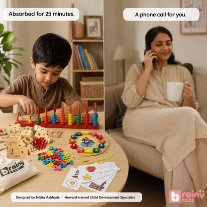 BrainyTots Montessori sorting clock with movable hands and removable number blocks for learning time, shapes, and colours.