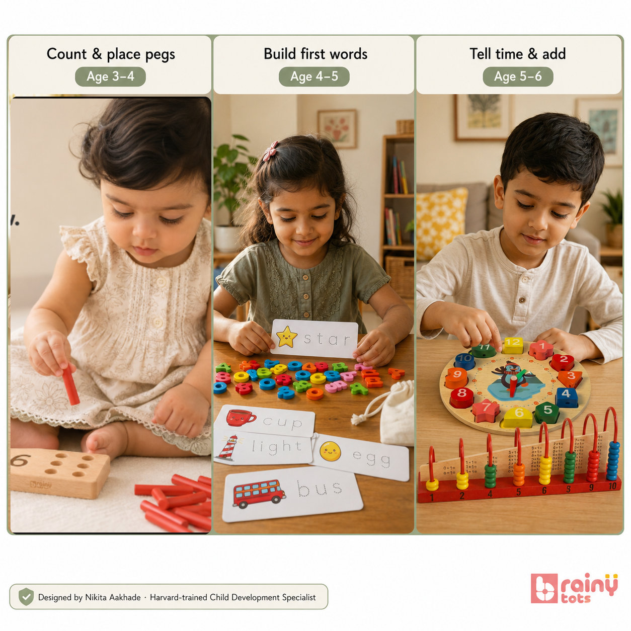 BrainyTots Montessori spelling game with picture cards and wooden letter blocks for phonics and first-word practice.