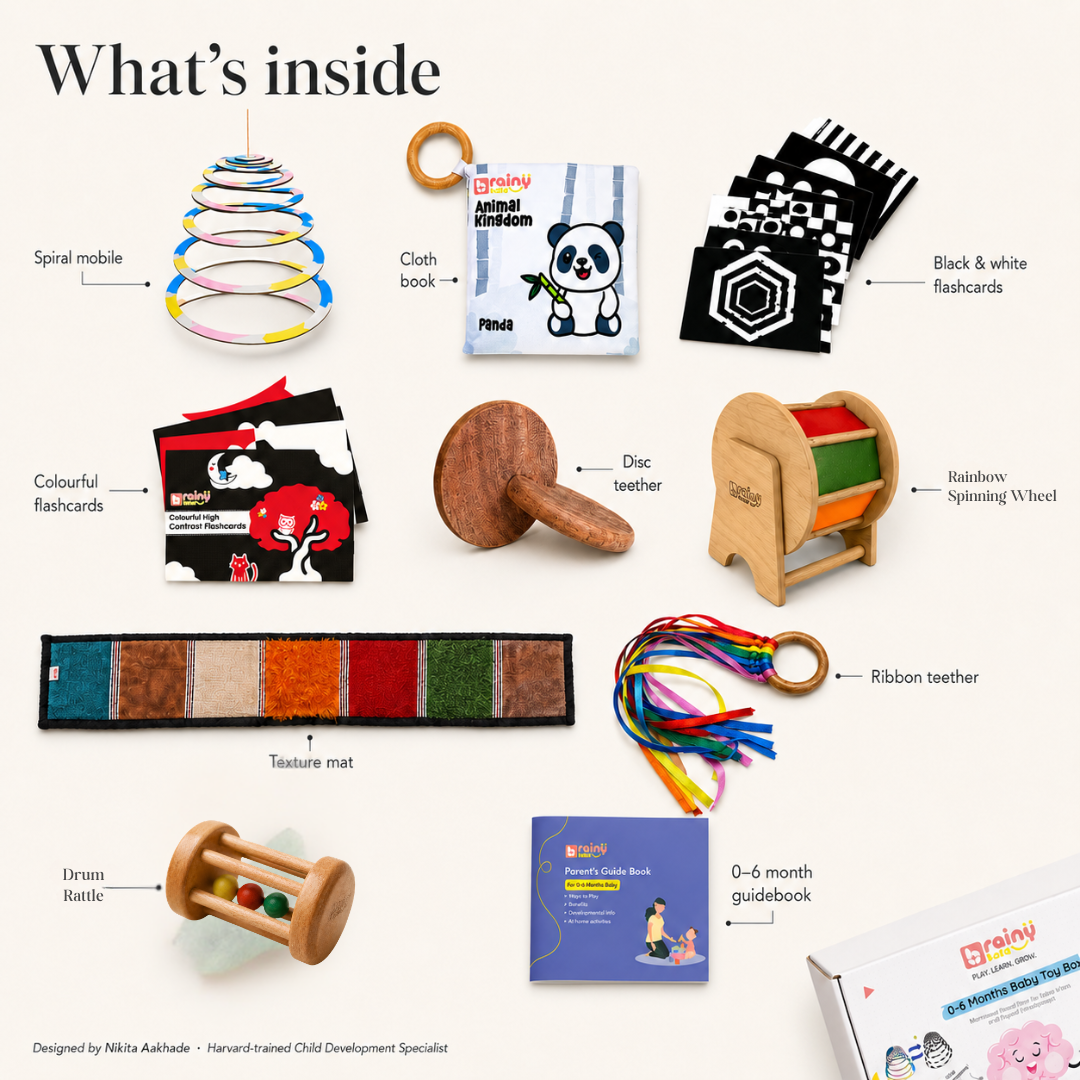 BrainyTots Montessori toy box for babies 0–6 months featuring a mobile, cloth book, flashcards, teethers, rattle, texture mat, and spinning toy.