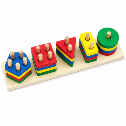 BrainyTots Montessori wooden shape sorting and stacking board with colourful geometric pieces for toddlers.
