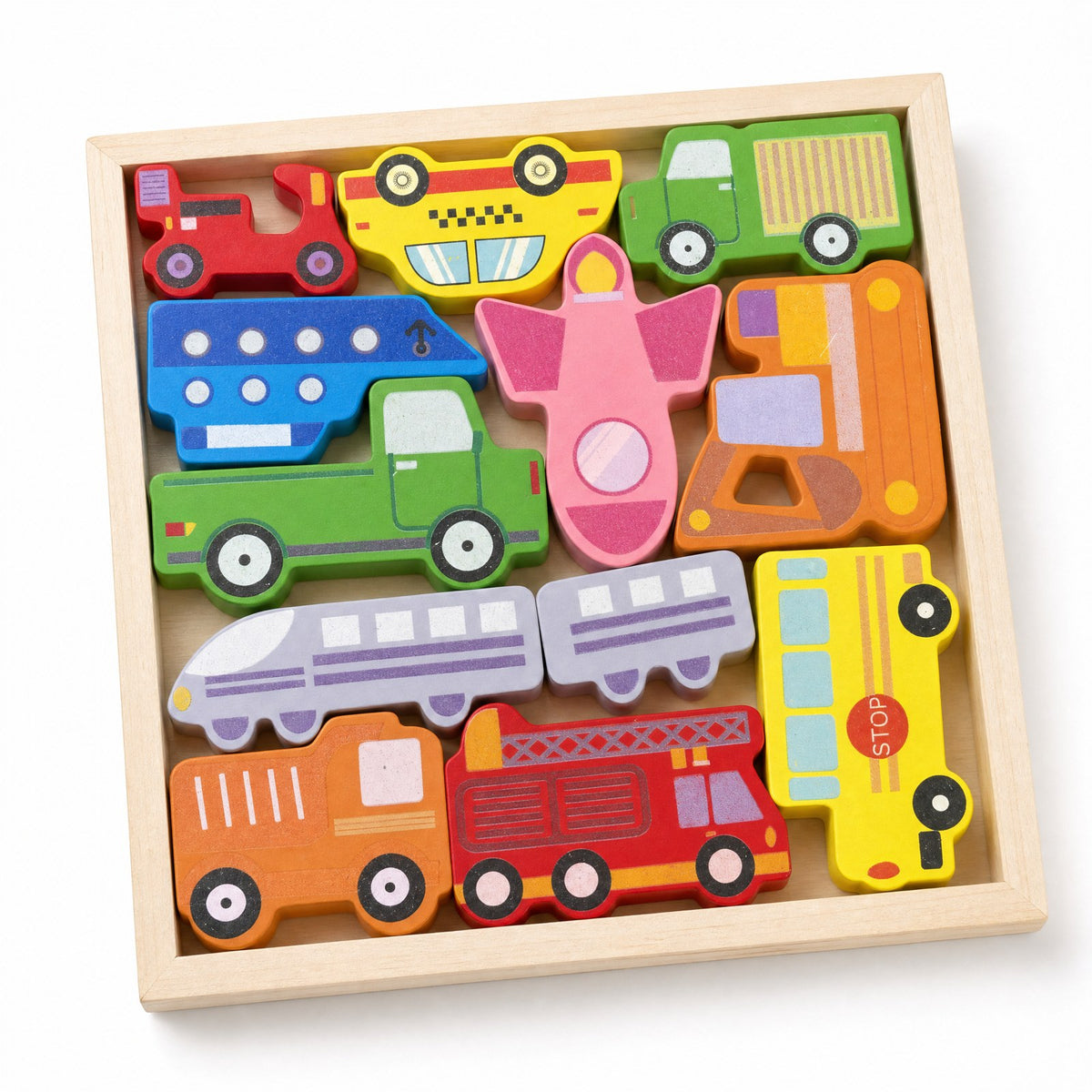 BrainyTots Montessori wooden vehicle tray puzzle with 12 colorful wooden vehicles arranged in a square tray.