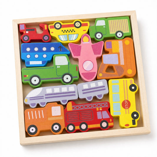 BrainyTots Montessori wooden vehicle tray puzzle with 12 colorful wooden vehicles arranged in a square tray.