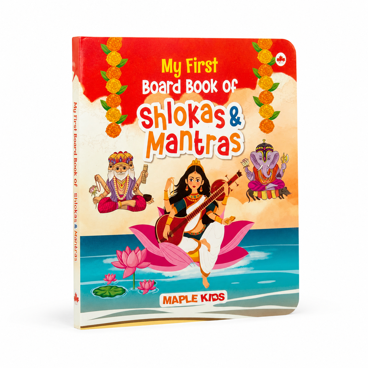 My First Board Book of Shlokas & Mantras featuring simple Sanskrit shlokas with English and Hindi translations, introducing toddlers and preschoolers aged 2–6 years to Indian culture, spiritual values, devotion, and early multilingual learning through colorful illustrations and sturdy board book pages.