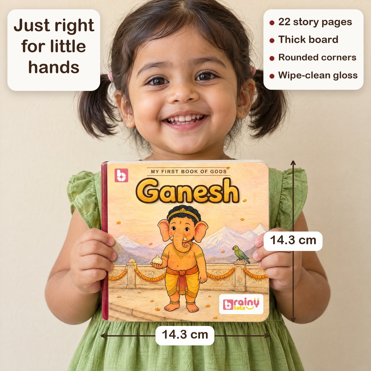 My First Book of Gods: Ganesh – The Wisest Little One, board book for kids 1–5 years: size in a child's hands