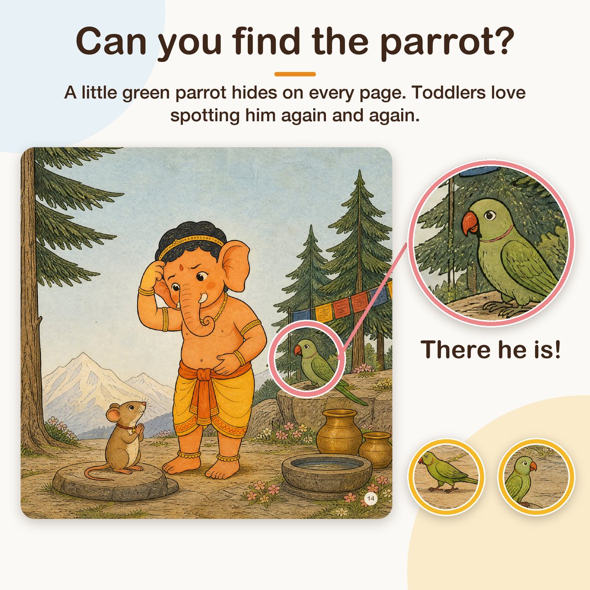 My First Book of Gods: Ganesh – The Wisest Little One, board book for kids 1–5 years: find the parrot