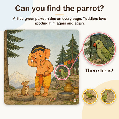 My First Book of Gods: Ganesh – The Wisest Little One, board book for kids 1–5 years: find the parrot
