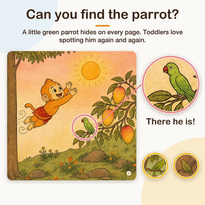 My First Book of Gods: Hanuman – Small Monkey, Big Heart, board book for kids 1–5 years: find the parrot