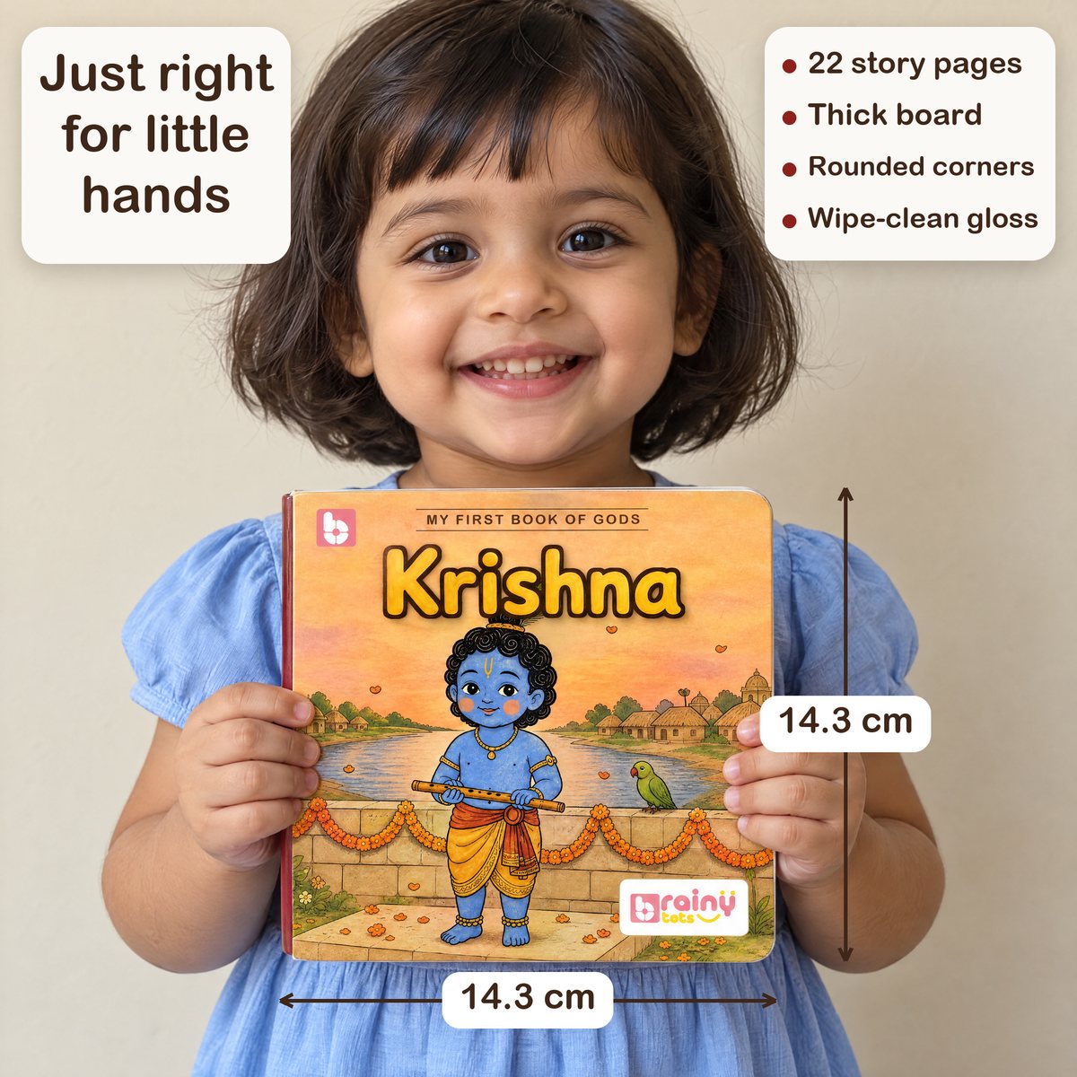 My First Book of Gods: Krishna – The Little Butter Thief, board book for kids 1–5 years: size in a child's hands