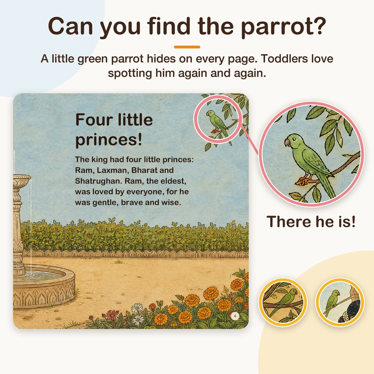 My First Book of Gods: Ram – The Prince Who Kept His Promise, board book for kids 1–5 years: find the parrot