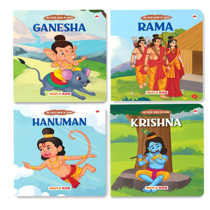 BrainyTots Mythological board book set featuring Ganesha, Rama, Krishna, and Hanuman for toddlers aged 1–4 years, introducing Hindu mythology, Indian culture, language development, memory, storytelling, and moral values through sturdy illustrated board books.