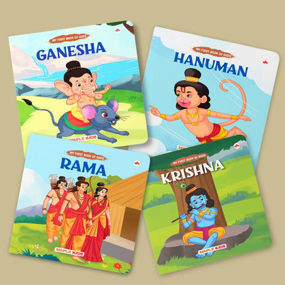 BrainyTots Mythological Board Book 4-book set featuring Ganesha, Rama, Krishna, and Hanuman, designed for toddlers aged 1–4 years to introduce Hindu mythology, Indian culture, language development, memory, and moral values through colorful board books.