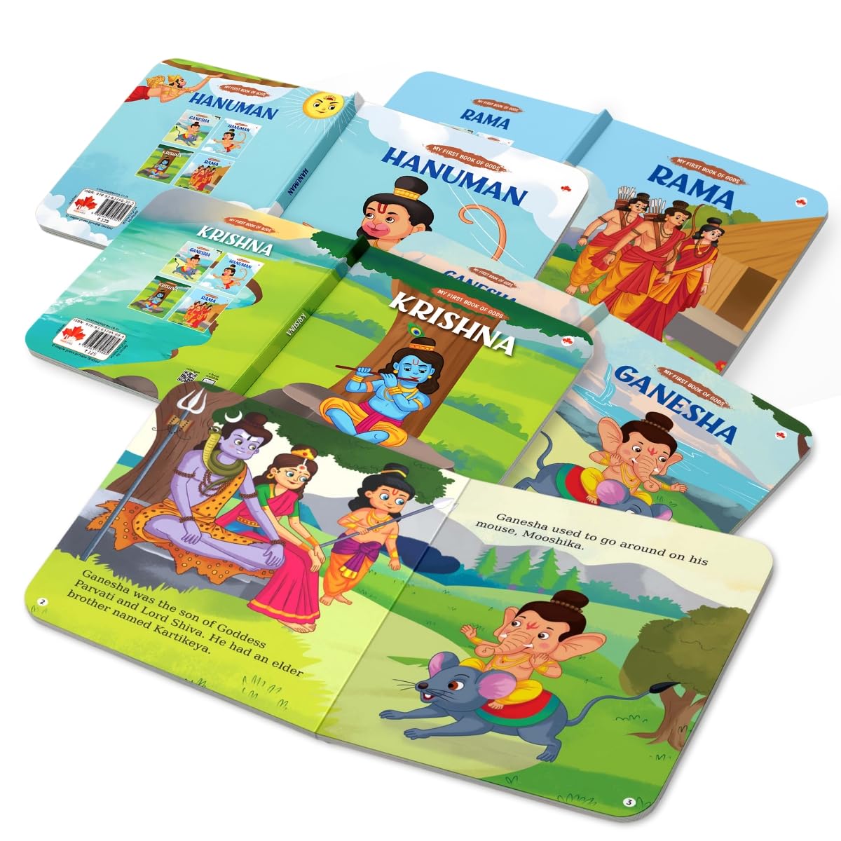 Open pages of the BrainyTots Mythological Board Book set featuring Ganesha, Rama, Krishna, and Hanuman with colorful illustrations and simple stories that introduce toddlers aged 1–4 years to Hindu mythology, Indian culture, language development, listening skills, memory, and moral values through engaging storytelling.