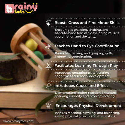 BrainyTots Neem Wood Rolling Drum Rattle with colorful wooden balls, designed for babies aged 3+ months. This Montessori-inspired sensory toy encourages grasping, shaking, crawling, hand-eye coordination, cause-and-effect learning, auditory stimulation, and gross and fine motor skill development through interactive play.