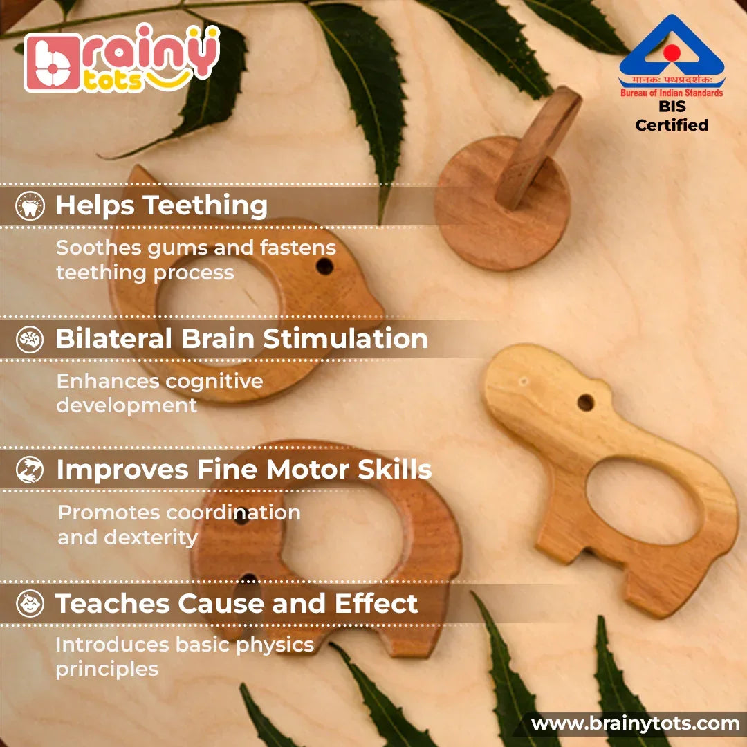 BrainyTots Neem Wood Teether Set infographic highlighting baby-safe natural wooden teethers that help soothe teething gums, encourage bilateral hand coordination, develop fine motor skills, and introduce cause-and-effect learning through Montessori-inspired sensory play.