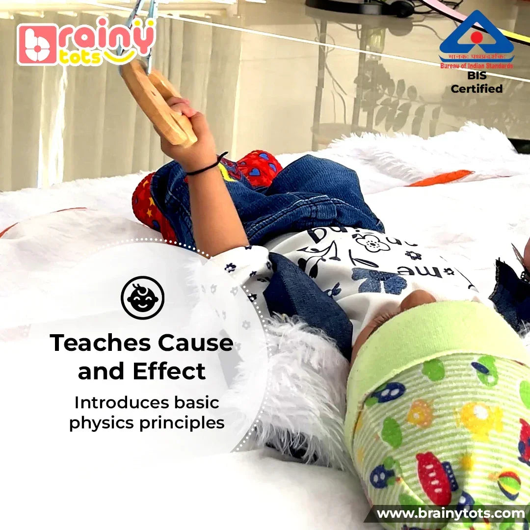 Baby exploring the BrainyTots Neem Wood Teether during tummy time, encouraging cause-and-effect learning, hand-eye coordination, grasping skills, sensory exploration, and Montessori-inspired independent play.