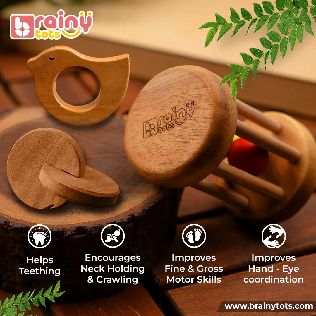 BrainyTots Neem Wood Teether Gift Set for newborn babies featuring a Montessori Rolling Drum Rattle, Interlocking Discs Teether, and Dove Teether for teething relief, sensory development, fine motor skills, hand-eye coordination, and crawling.