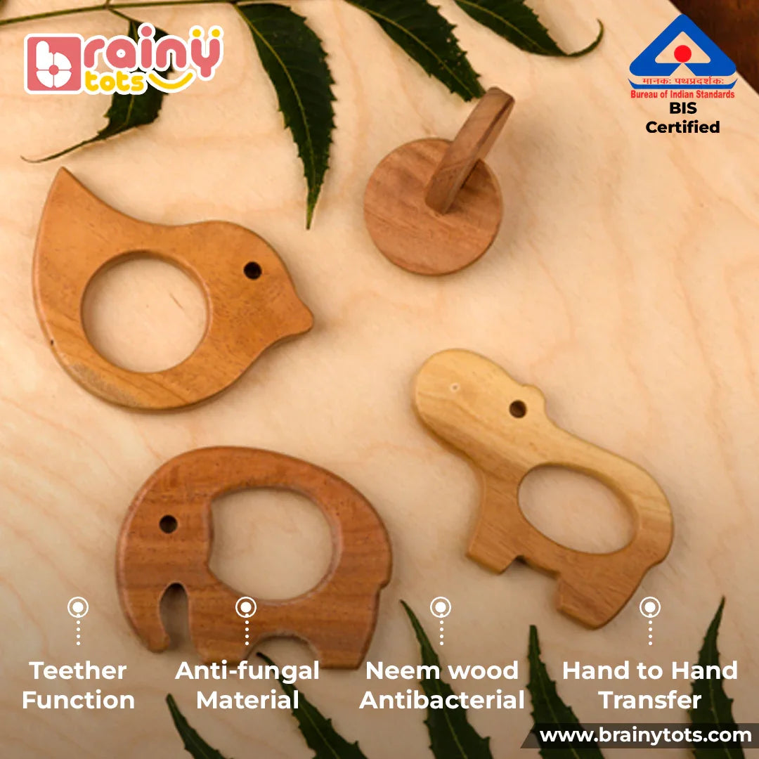 BrainyTots Neem Wood Teether Set featuring natural Neem wood baby-safe teethers that help soothe teething gums, encourage hand-to-hand transfer, support fine motor development, and provide Montessori-inspired sensory play for babies.