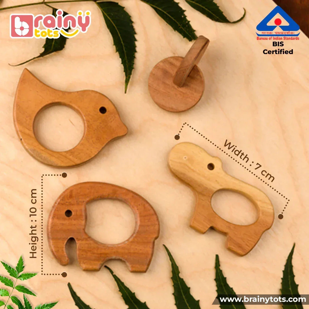 BrainyTots Neem Wood Teether Set with size reference, featuring natural antibacterial Neem wood teethers designed for teething relief, hand-to-hand transfer, fine motor skill development, and safe Montessori-inspired sensory play for babies.