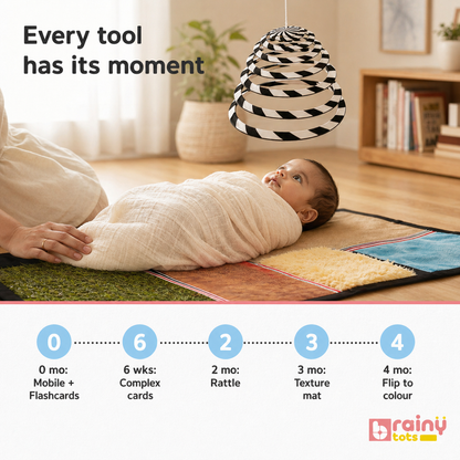Newborn using the BrainyTots Newborn Sensory Gift Box during tummy time with a high-contrast spiral mobile and sensory mat, supporting visual tracking, sensory development, and age-appropriate learning from 0–6 months.