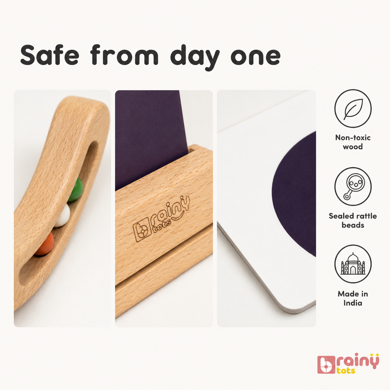 Close-up of the BrainyTots Newborn Sensory Gift Box components showcasing natural non-toxic wood, sealed wooden rattle, high-contrast flashcards, and premium baby-safe craftsmanship for newborns 0–6 months.
