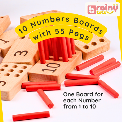 BrainyTots Numbers Peg Board set with 10 wooden number boards and 55 red pegs for hands-on counting and number learning.