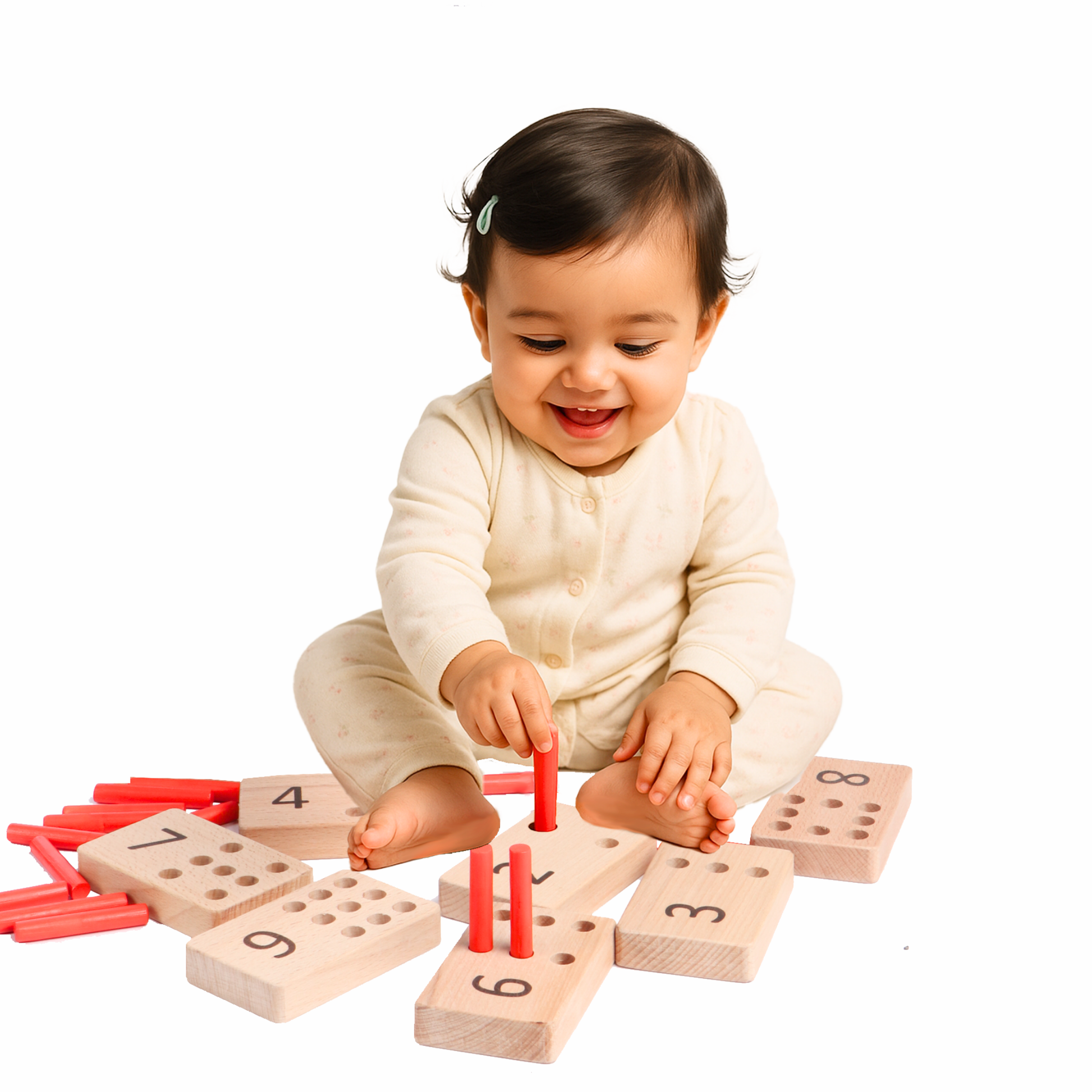 Child playing with wooden number blocks on a white background