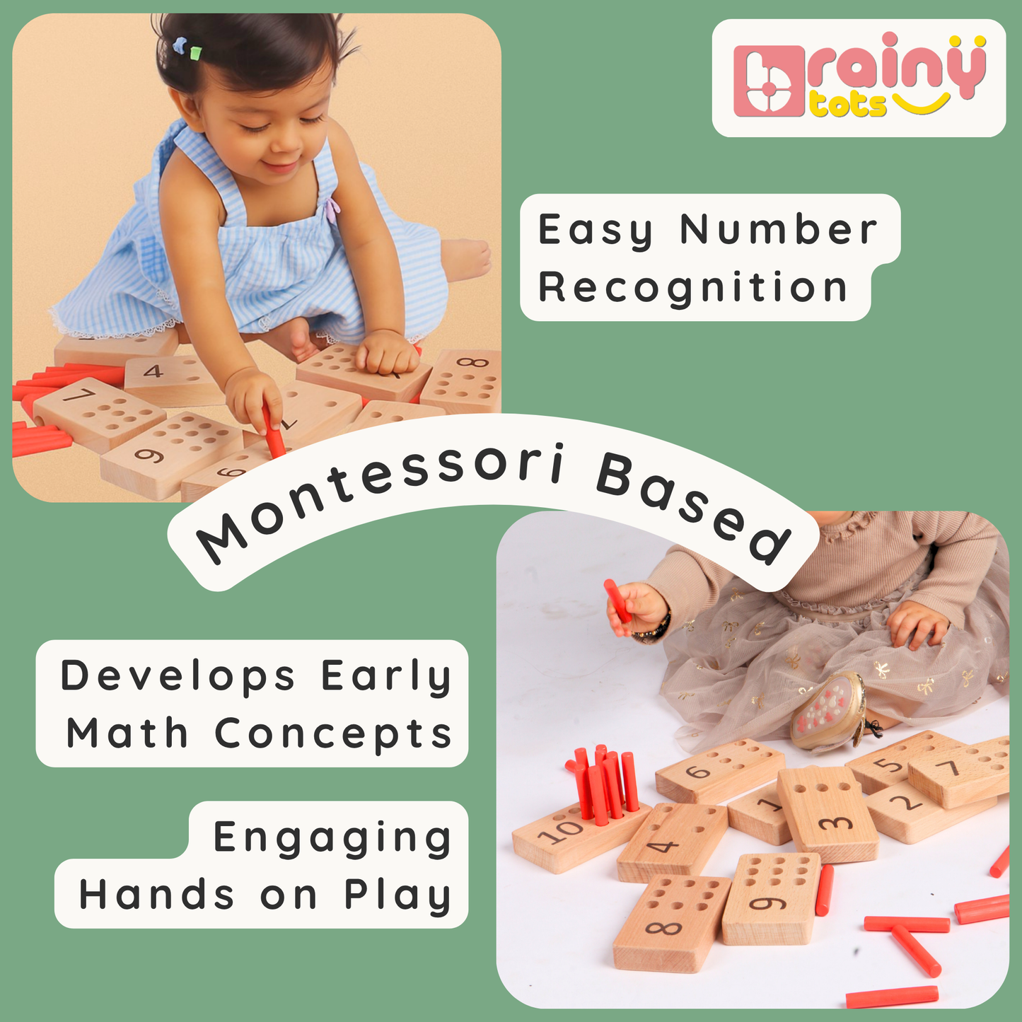BrainyTots numbers peg board close-up of smooth wooden pegs inserted into matching slots to build coordination and fine motor skills.