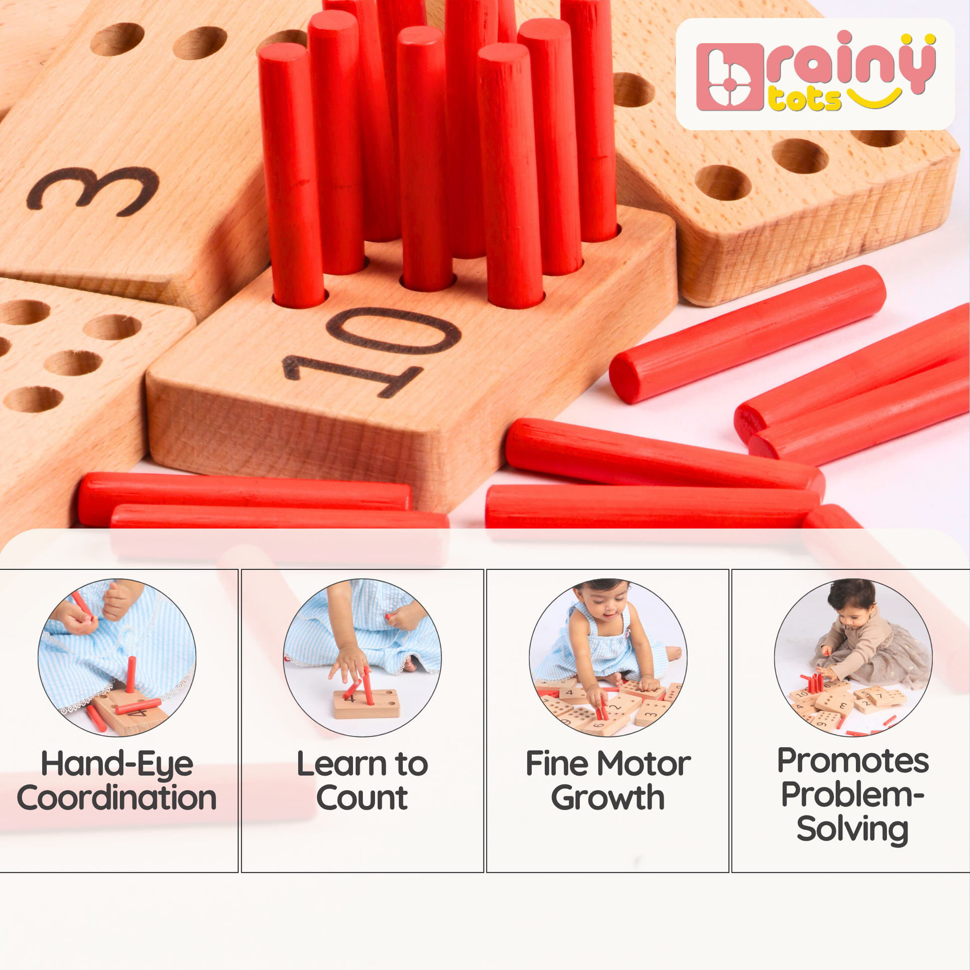 BrainyTots numbers peg board close-up of natural woodgrain detail and peg holes, demonstrating premium organic craftsmanship.