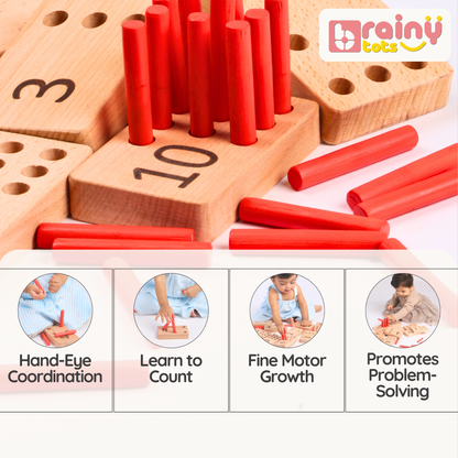 BrainyTots numbers peg board close-up of natural woodgrain detail and peg holes, demonstrating premium organic craftsmanship.